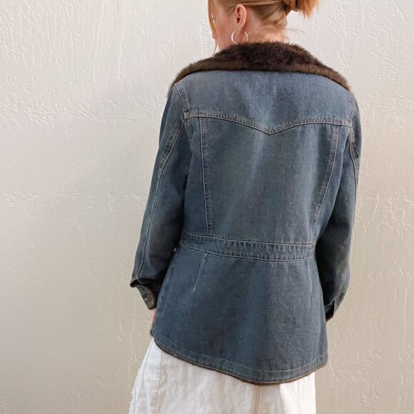 Vintage 90s/Y2K Brown Faux Fur Trim Jean Button Up Coat - Picture 4 of 7
